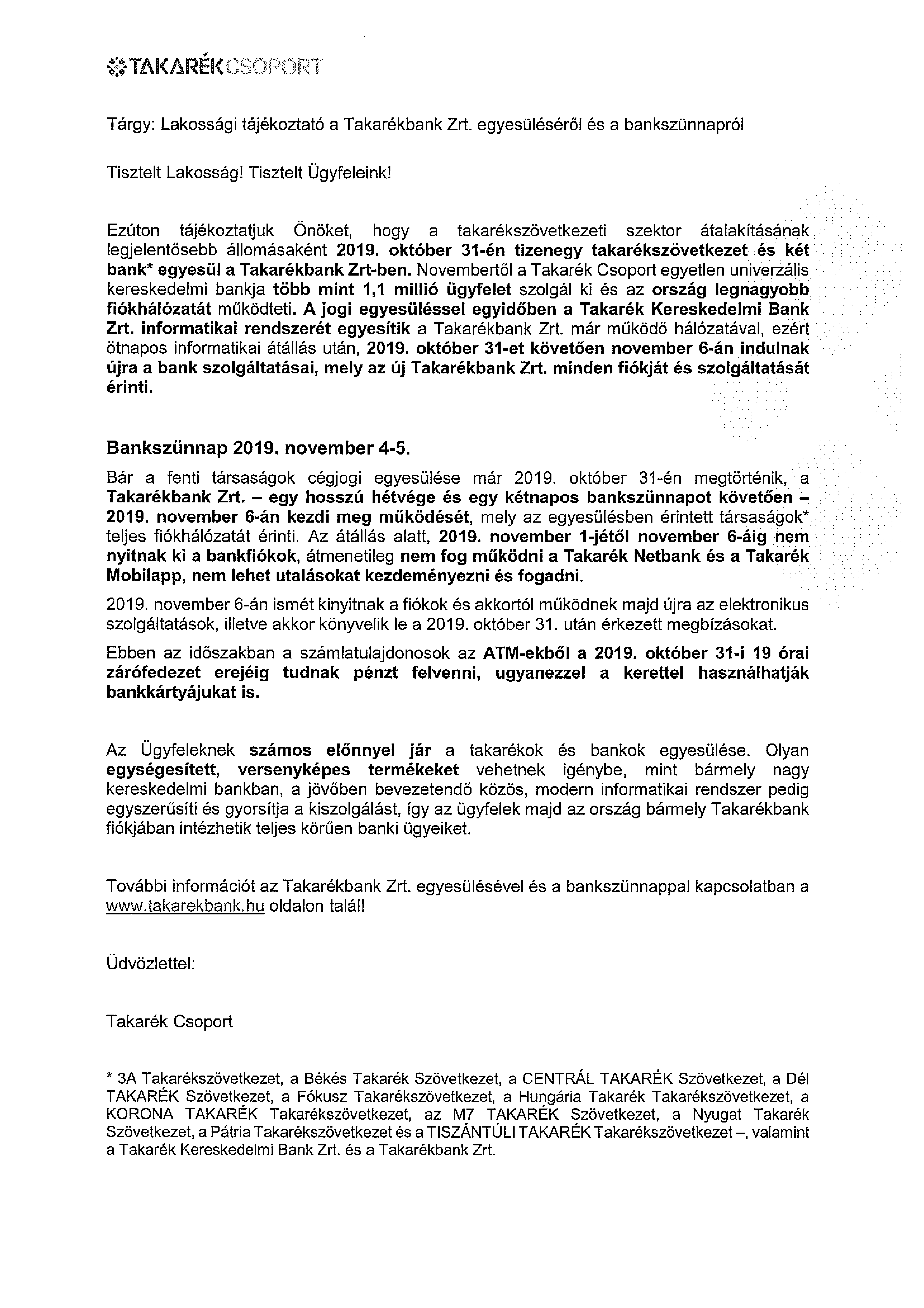 Tj a Takarkbank Zrt egyeslsrl s a banksznnaprl 001